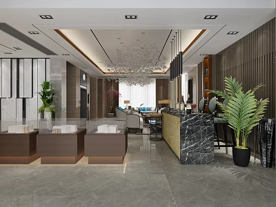 Modern Property Sales Office Interior with Display Podiums Marble Reception Counter Chandelier and Green Plants 3d model