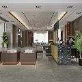 Modern Property Sales Office Interior with Display Podiums Marble Reception Counter Chandelier and Green Plants