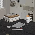 Dark Wooden Workspace Table With Stacked Books Coffee Mug Mouse Notebook And Stationery