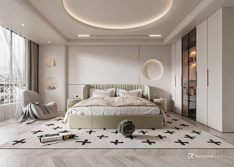 Modern Bedroom Interior With Light Colored Bed Patterned Rug And Sleek Wardrobe 3d model