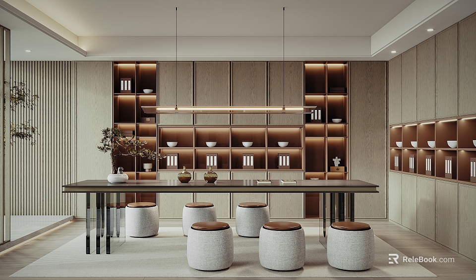 Modern Tea Room Interior With Wooden Shelves Tea Sets Long Table And Round Stools 3d model 