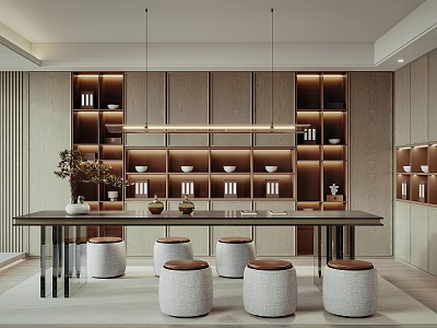 Modern Tea Room Interior With Wooden Shelves Tea Sets Long Table And Round Stools 3d model