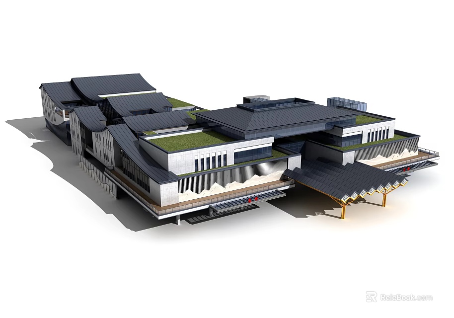 Cultural Center Building Featuring Traditional Layered Roofs Green Garden And Modern Elements 3d model 
