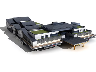 Cultural Center Building Featuring Traditional Layered Roofs Green Garden And Modern Elements 3d model