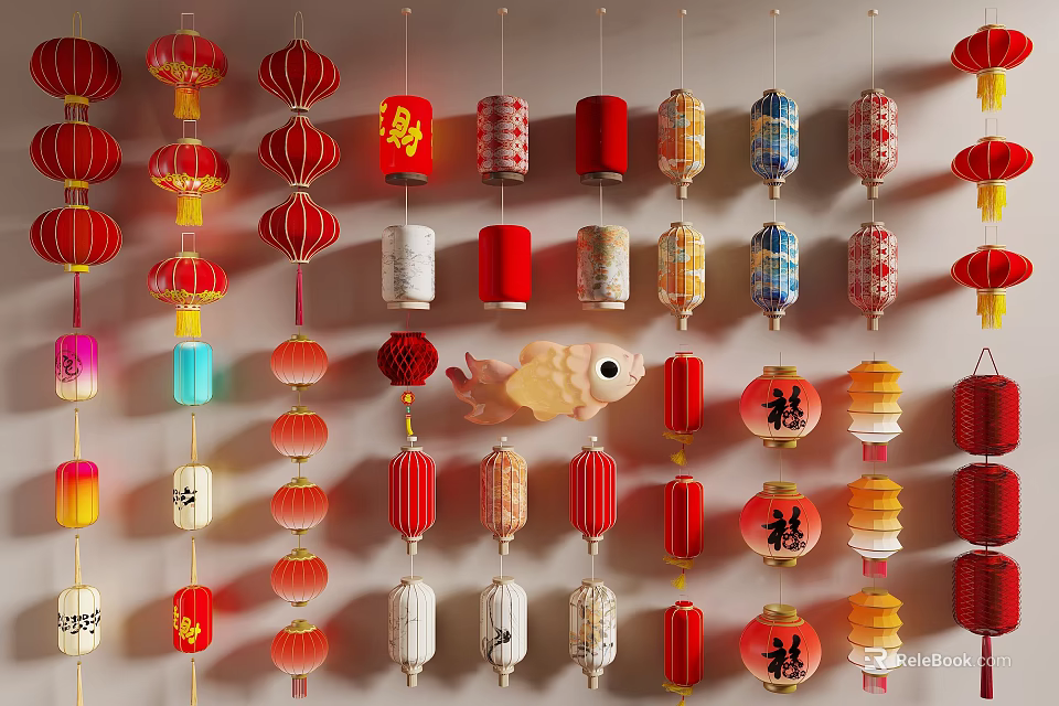 Traditional Chinese Lanterns Hanging With Red Colorful Designs And Fu Xi Character Decorations 3d model 