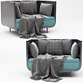Modern Single Sofa With Gray Blue Upholstery Throw Blanket And Cushions 3d model