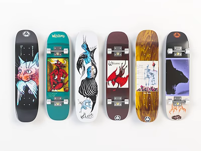 Stylish Colorful Skateboards With Various Artistic Graphics And Unique Designs 3d model