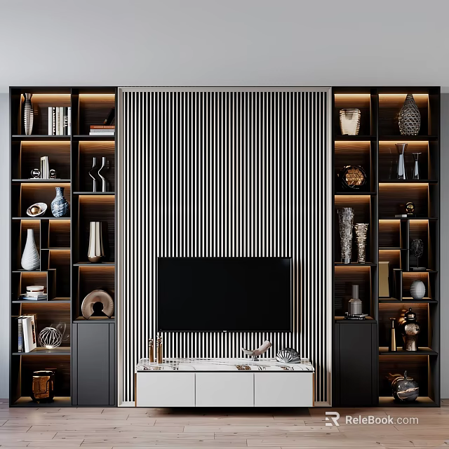 Modern TV Background Wall With Display Shelves And Decor Items 3d model