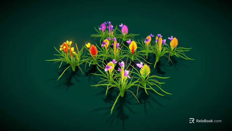 Colorful Flowers in Vase with Yellow Purple Orange Blooms and Green Stems 3d model 