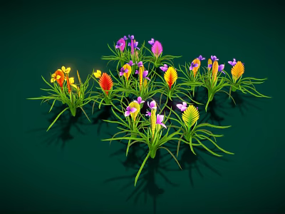Colorful Flowers in Vase with Yellow Purple Orange Blooms and Green Stems 3d model
