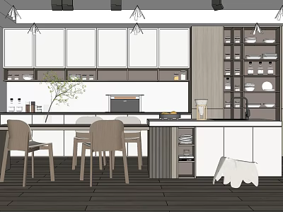 Modern Restaurant Interior With Dining Table Chairs Pendant Lights And Open Kitchen Design 3d model