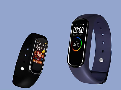 Two Smart Fitness Trackers With Time Display And Step Counter Black Blue Straps 3d model