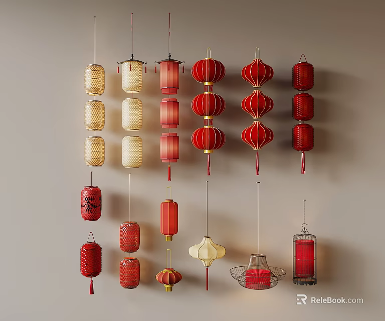 Traditional Chinese Lanterns in Various Styles and Colors Hanging on Wall 3d model 