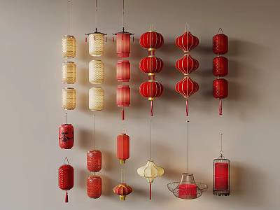 Traditional Chinese Lanterns in Various Styles and Colors Hanging on Wall 3d model
