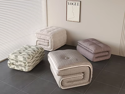 Folded Cushions With Various Patterns Placed On Gray Floor Near Window Blinds 3d model