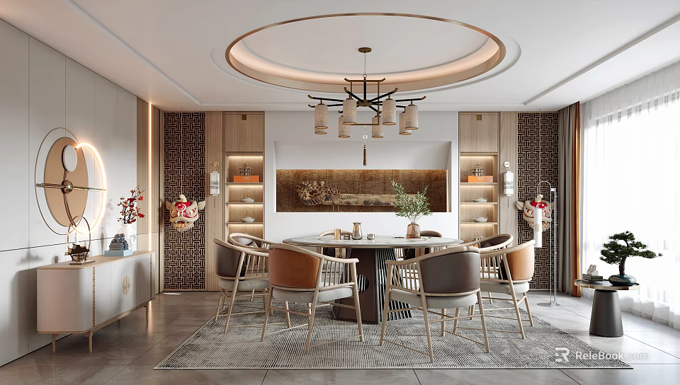 Modern Chinese Private Dining Room Interior With Round Table Chandelier Cabinets And Decorative Painting 3d model 