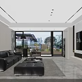 Modern Living And Dining Room With Black Sofa TV Wall And Floor To Ceiling Windows