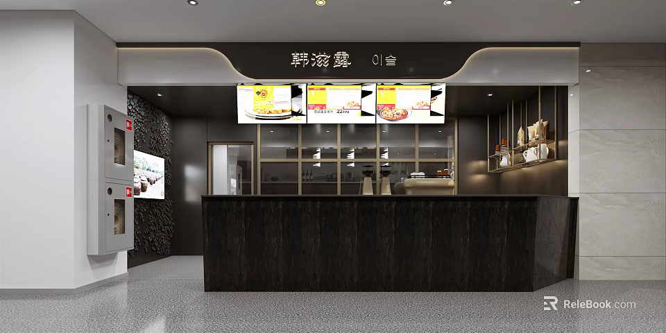 Modern Restaurant Front Counter With Digital Display Screens And Sleek Dark Shelves 3d model 
