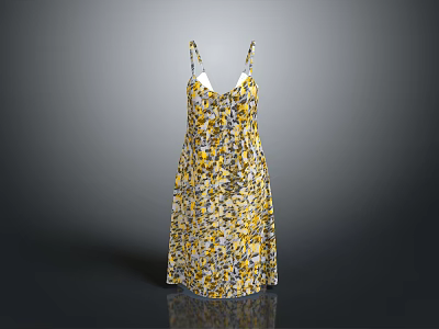 Women's Spaghetti Strap V Neck Mid Length Dress With Yellow And Black Floral Print 3d model