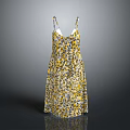 Women's Spaghetti Strap V Neck Mid Length Dress With Yellow And Black Floral Print
