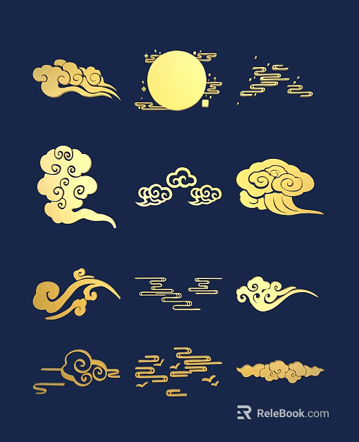 Golden Cloud Pattern Carvings On Dark Blue Background For Traditional Decor 3d model