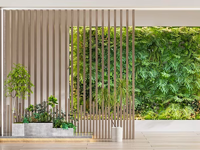 Modern Green Plant Wall With Wooden Slatted Screen And Potted Plants In Concrete Planters 3d model