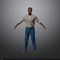 Full Body Man In White Shirt Blue Pants With Red Arms Standing On Gray Background
