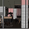 Pink Wall Restaurant Interior With Open Layout Coffee Bar Wooden Tables And Chairs