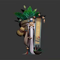 Oriental Traditional Elderly Game Movie Character With Long Beard Carrying Bag Holding Scroll Green Plants