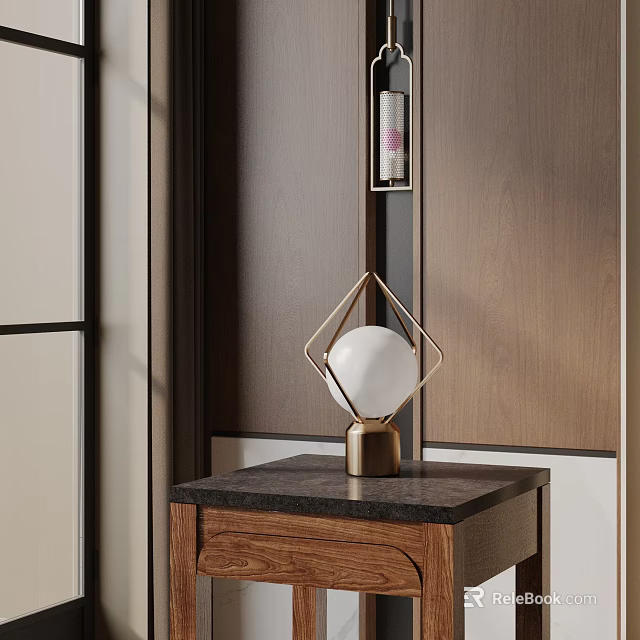 Geometric Golden Frame Table Lamp With White Spherical Lampshade On Dark Countertop Wooden Side Cabinet 3d model 
