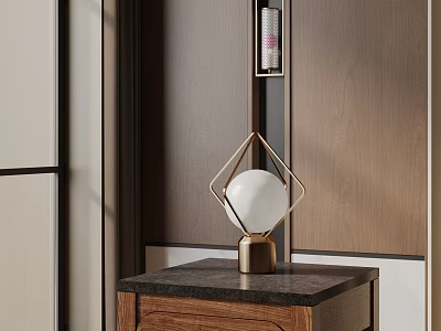 Geometric Golden Frame Table Lamp With White Spherical Lampshade On Dark Countertop Wooden Side Cabinet 3d model