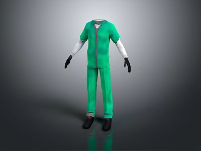 Stylish Green Jumpsuit With White Long Sleeve Inner Layer Black Gloves And Black Shoes 3d model
