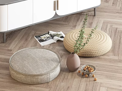 Woven Round Cushions Ceramic Vase With Plants Nut Bowl Magazine On Wooden Floor Living Essentials 3d model