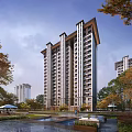 Modern High Rise Residential Building Surrounded by Greenery and Landscaped Gardens