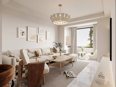 Modern Living And Dining Room Interior With Sofa Coffee Table Chandelier And Decorative Paintings 3d model