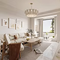 Modern Living And Dining Room Interior With Sofa Coffee Table Chandelier And Decorative Paintings