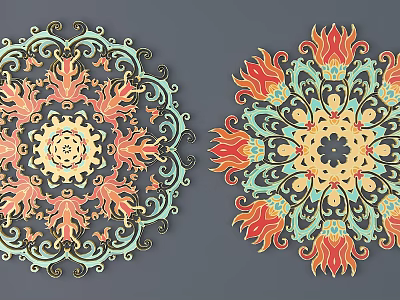 Traditional Round Floral Carving Art With Vibrant Red Yellow Blue Patterns 3d model