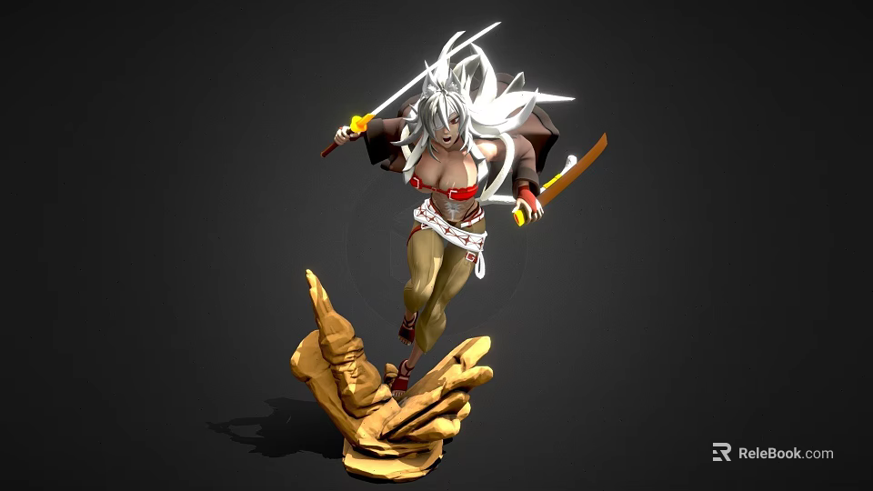 Game Movie Character With Long Silver White Hair Holding Two Swords On Palm Shaped Base 3d model 