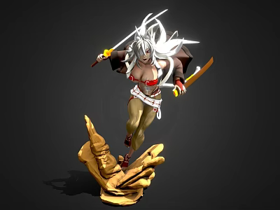 Game Movie Character With Long Silver White Hair Holding Two Swords On Palm Shaped Base 3d model