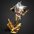 Game Movie Character With Long Silver White Hair Holding Two Swords On Palm Shaped Base