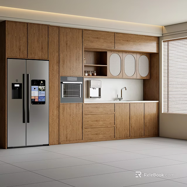 Modern Wooden Kitchen Sideboard With Cabinets Built In Oven Coffee Maker Sink And Blinds 3d model 