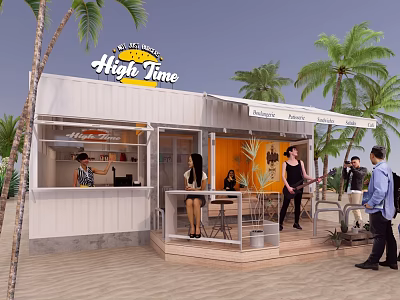 Happy Time Shipping Container Building as Café with Outdoor Seating and Palm Trees 3d model