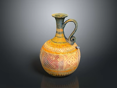 Ancient Style Sculpted Earthenware Jug With Geometric Patterns Yellow Blue Hues And Curved Handle 3d model