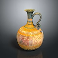 Ancient Style Sculpted Earthenware Jug With Geometric Patterns Yellow Blue Hues And Curved Handle
