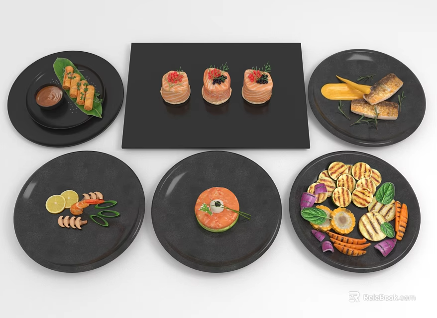 Delicious Fresh Shrimp Salmon and Grilled Seafood Animal Dishes Plated on Black Plates with Vegetables 3d model 