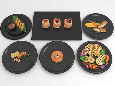 Delicious Fresh Shrimp Salmon and Grilled Seafood Animal Dishes Plated on Black Plates with Vegetables 3d model