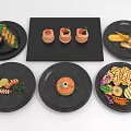 Delicious Fresh Shrimp Salmon and Grilled Seafood Animal Dishes Plated on Black Plates with Vegetables