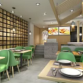 Modern Restaurant Interior With Green Chairs Dining Tables And Wooden Hanging Lights