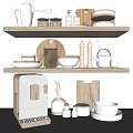 Kitchen Utensils Display with Kettle Jars Coffee Machine Cutting Board Spice Grinders and Stacked Bowls