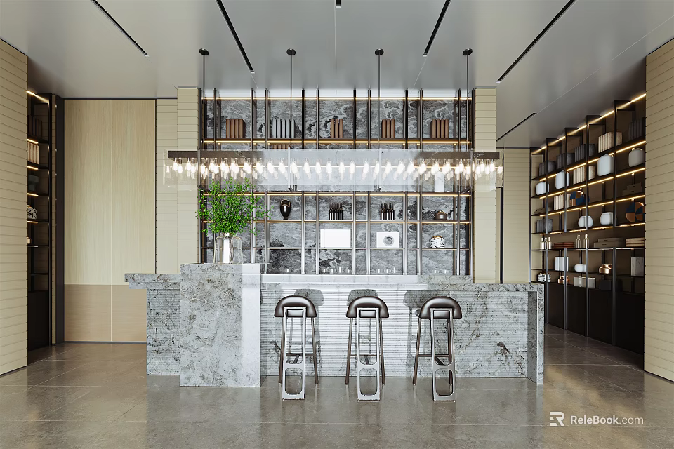 Modern Bar Interior With Marble Counter High Stools And Lighting Fixtures 3d model 